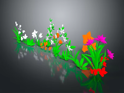 Cartoon Scene With Colorful Flowers Green Leaves White Orange Pink Red Petals 3d model