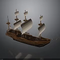 Vintage Wooden Sailing Ship with Multiple Masts and White Sails 3d model