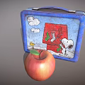 Blue Kids Tableware Set With Cartoon Patterns Clouds Red Door Green Tree And Red Apple