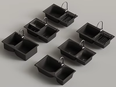 Multiple Black Double Bowl Kitchen Sinks With Faucets And Drain Boards 3d model