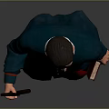 Game Movie Character in Blue Robe with Red Belt Holding Staff and Book