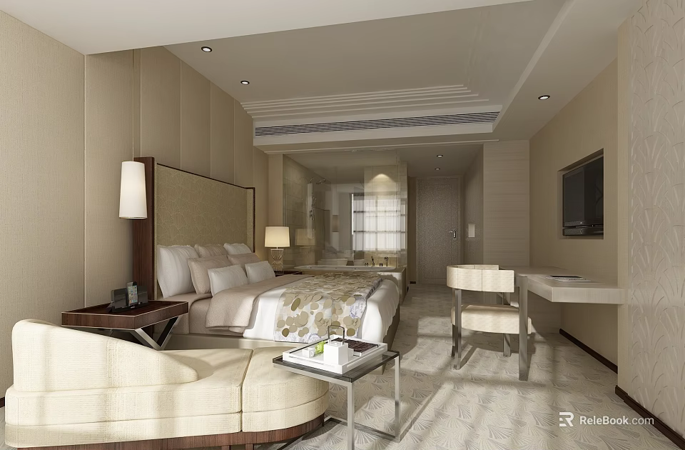 Elegant Hotel Guest Room With King Bed Sofa Desk And Flat Screen TV 3d model 