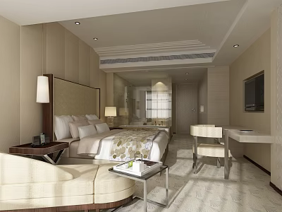 Elegant Hotel Guest Room With King Bed Sofa Desk And Flat Screen TV 3d model