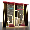 Luxurious Retail Window Display With Golden Arched Design Red Accents And Decorative Items