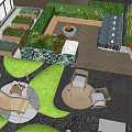 Courtyard Garden Landscape With Lush Green Plants Water Feature Seating Area And Paved Paths