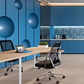 Modern Break Room Interior With Blue Cabinets Wooden Counter And Seating Area