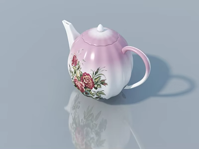 Pink And White Gradient Teapot With Red Rose Pattern On Smooth Surface 3d model