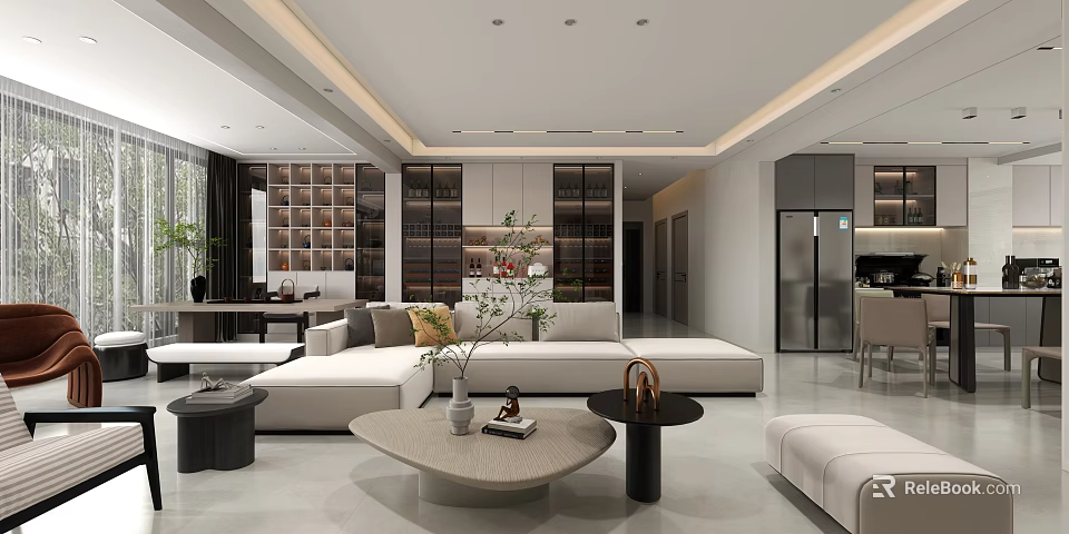 Modern Living and Dining Room Interior With Open Layout Sofa Coffee Table Display Cabinets 3d model