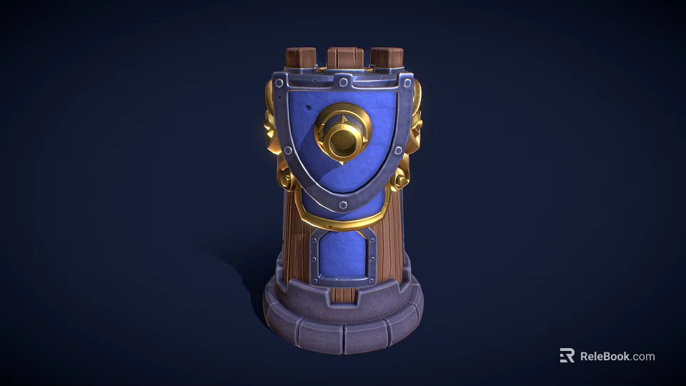 Decorative Wooden Tower Structure With Blue Panels Circular Golden Element And Gray Base 3d model 