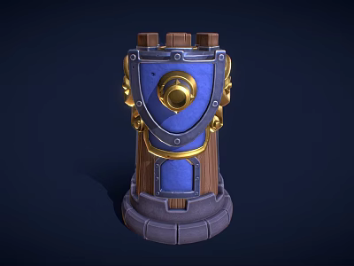 Decorative Wooden Tower Structure With Blue Panels Circular Golden Element And Gray Base 3d model