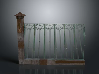 Patterned Wrought Iron Fence With Decorative Top Pillar And Stone Base Design 3d model