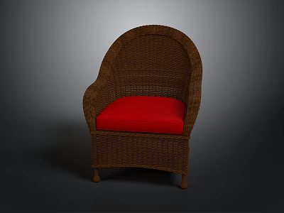 Brown Wicker Chair Interior Design With Red Cushion And Curved Armrests 3d model