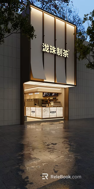 Elegant Modern Bubble Tea Shop Storefront With Bright Lighting And Wooden Counter 3d model 