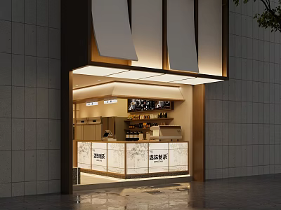 Elegant Modern Bubble Tea Shop Storefront With Bright Lighting And Wooden Counter 3d model