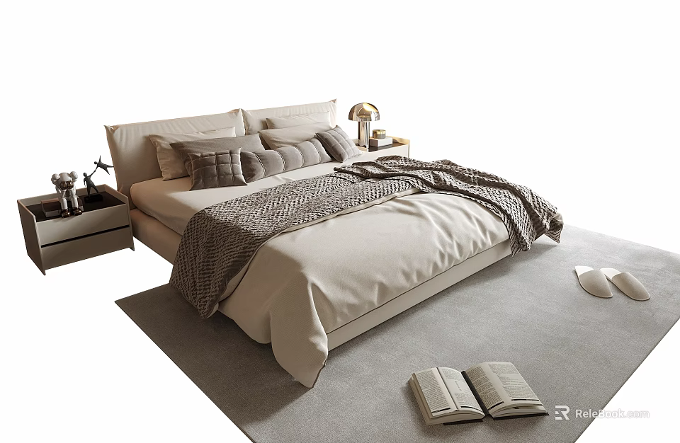 Cozy Double Bed With Beige Sheets Gray Blanket Pillows And Open Books On Carpet 3d model 