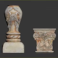 Decorative Stone Pillars With Intricate Carved Floral And Scroll Designs On Black Reflective Surface