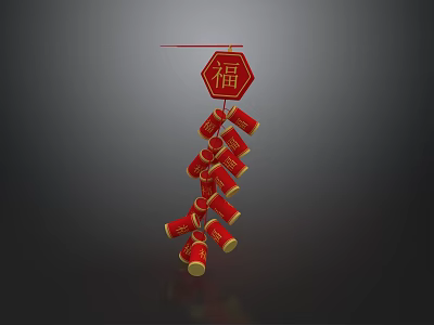 Chinese Traditional Red Ornament With Octagonal Fu Character And Hanging Firecracker String 3d model