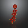 Chinese Traditional Red Ornament With Octagonal Fu Character And Hanging Firecracker String