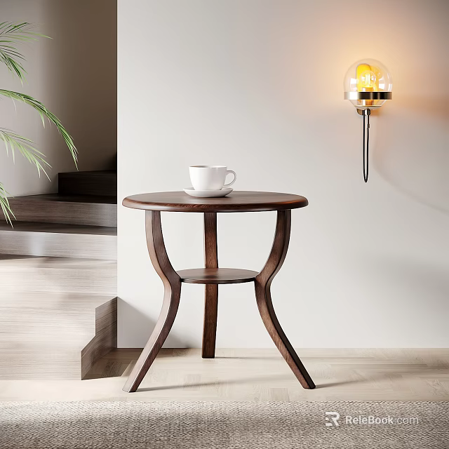 Round Top Wooden Side Table with Curved Legs White Cup and Wall Lamp in Light Room 3d model 