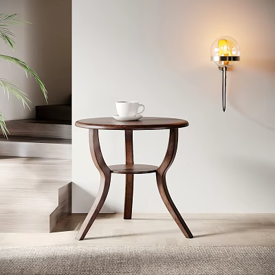 Round Top Wooden Side Table with Curved Legs White Cup and Wall Lamp in Light Room 3d model