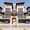 Modern Townhouse Exterior With Reflective Water Pool Balconies And Parked Cars
