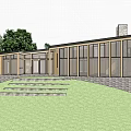 Detached Villa Surrounded By Autumn Green Trees With Lawn Large Glass Windows And Stone Wall