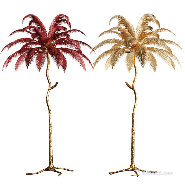 Decorative Palm Tree Design Floor Lamp with Red and Gold Leaves for Home Decor 3d model 