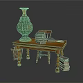 Rustic Wooden Furniture Set With Table Chair Green Vase Stacked Books And Small Basket