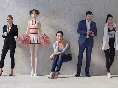 People in Various Outfits Standing and Sitting Against Gray Wall with Coffee Pom Poms and Phone 3d model