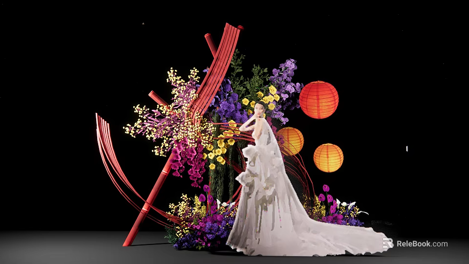 Elegant Bridal Scene With White Wedding Dress Colorful Flowers And Red Lanterns 3d model 