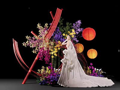 Elegant Bridal Scene With White Wedding Dress Colorful Flowers And Red Lanterns 3d model
