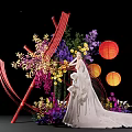 Elegant Bridal Scene With White Wedding Dress Colorful Flowers And Red Lanterns