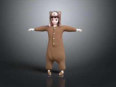 Girl in Brown Bear Onesie with Arms Outstretched on Gray Gradient Background 3d model