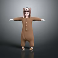 Girl in Brown Bear Onesie with Arms Outstretched on Gray Gradient Background