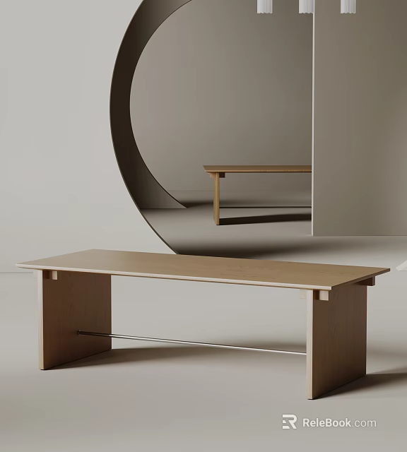 Minimalist Oak Wood Dining Table With Sleek Design And Metal Base In Neutral Background Reflection 3d model 