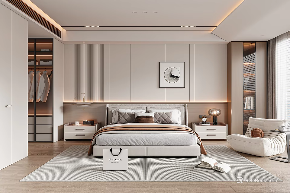Modern Bedroom Interior With Paneled Wall Framed Artwork Bedside Tables Throw Pillows And Accent Chair 3d model 