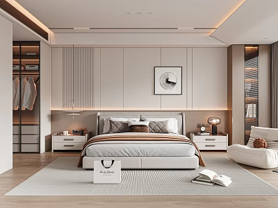 Modern Bedroom Interior With Paneled Wall Framed Artwork Bedside Tables Throw Pillows And Accent Chair 3d model