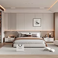 Modern Bedroom Interior With Paneled Wall Framed Artwork Bedside Tables Throw Pillows And Accent Chair