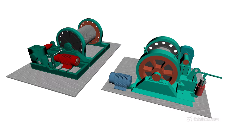 Industrial Winch Equipment with Green Red Blue Components and Large Drum Base Structure 3d model