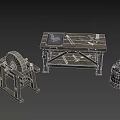 Hardware Tools on Wooden Workbench with Grinding Wheel Anvil and Barrel