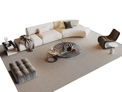 Modern White L-Shaped Sofa with Throw Blanket and Round Marble Coffee Table Set Gray Cushions 3d model