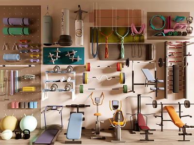 Complete Sports Equipment Collection With Dumbbells Barbells Treadmill Fitness Balls And Resistance Bands 3d model