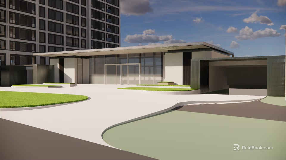 Modern Sales Office Exterior With Glass Facade Green Lawn And Entrance Design 3d model 