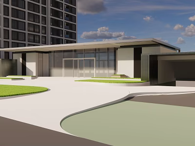 Modern Sales Office Exterior With Glass Facade Green Lawn And Entrance Design 3d model
