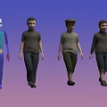 Men in Different Outfits Standing with Colorful Segmented Human Figure on Gradient Background