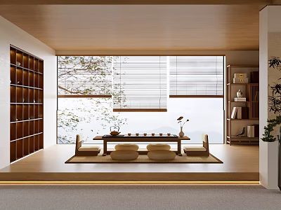 Minimalist Tea Room Interior With Wooden Bookshelves Large Windows Tatami Mat And Tea Set 3d model