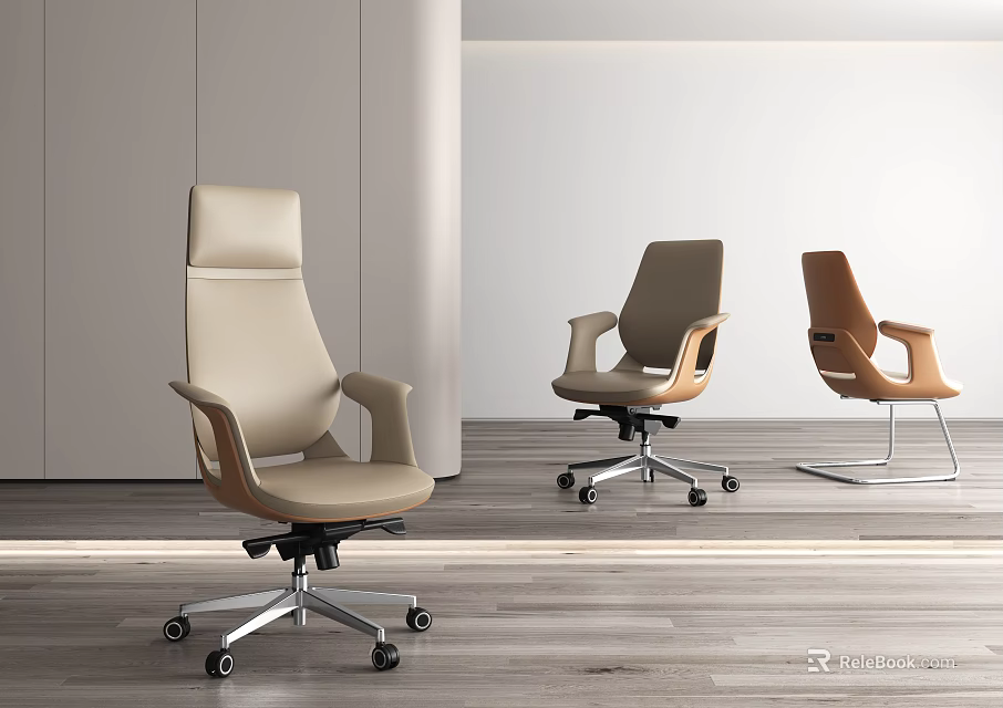 Modern Office Chairs In Beige Light Brown Orange With Leather Upholstery And Swivel Wheels 3d model 