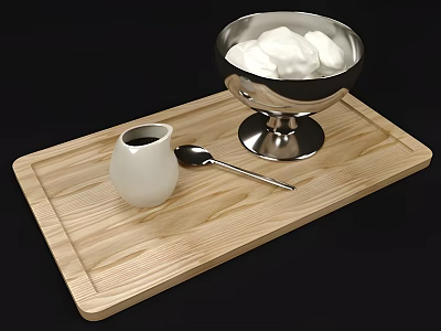 Stylish Tableware Set with Silver Bowl Cream White Milk Jug and Spoon on Wooden Tray 3d model