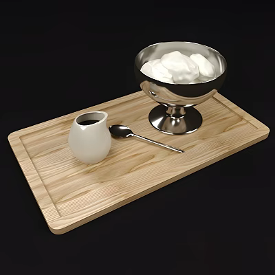 Stylish Tableware Set with Silver Bowl Cream White Milk Jug and Spoon on Wooden Tray 3d model