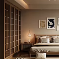 Minimalist Bedroom Interior Design With Wooden Bed Framed Artworks And Round Area Rug